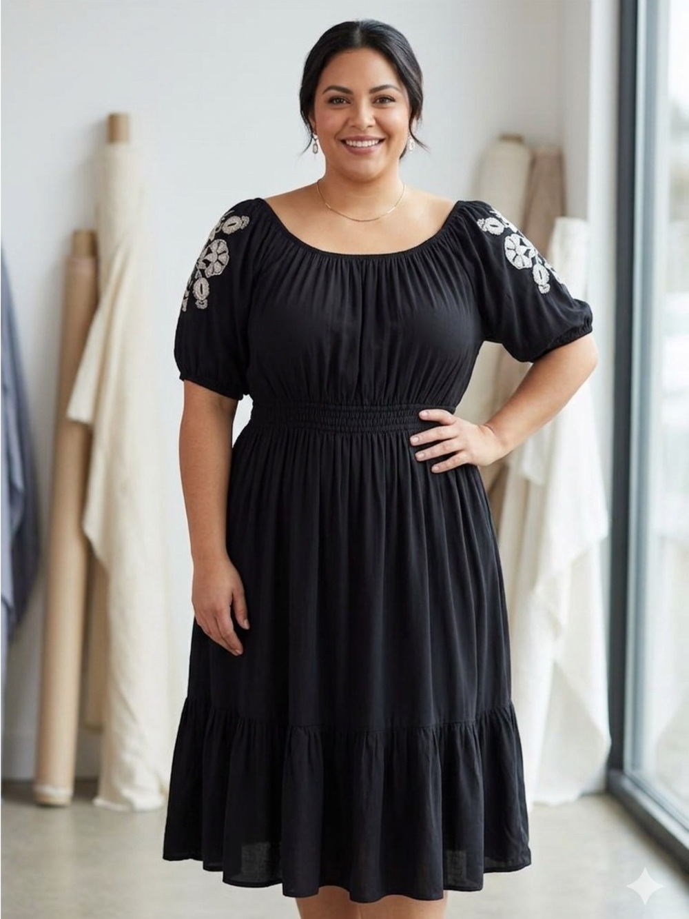 Black Embroidered Puff-Sleeve Dress - Women's